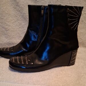 Women's Black Leather Wedge Ankle Boots with Decorative Studs